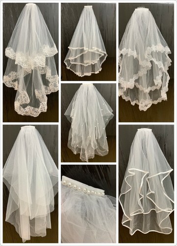 White bridal lace veil comb - on,