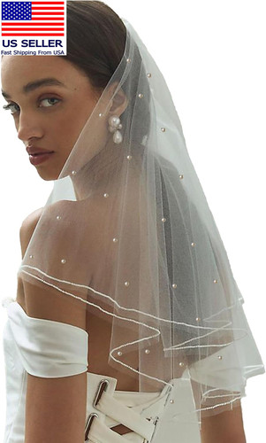 White short wedding veil - veil, pearl
